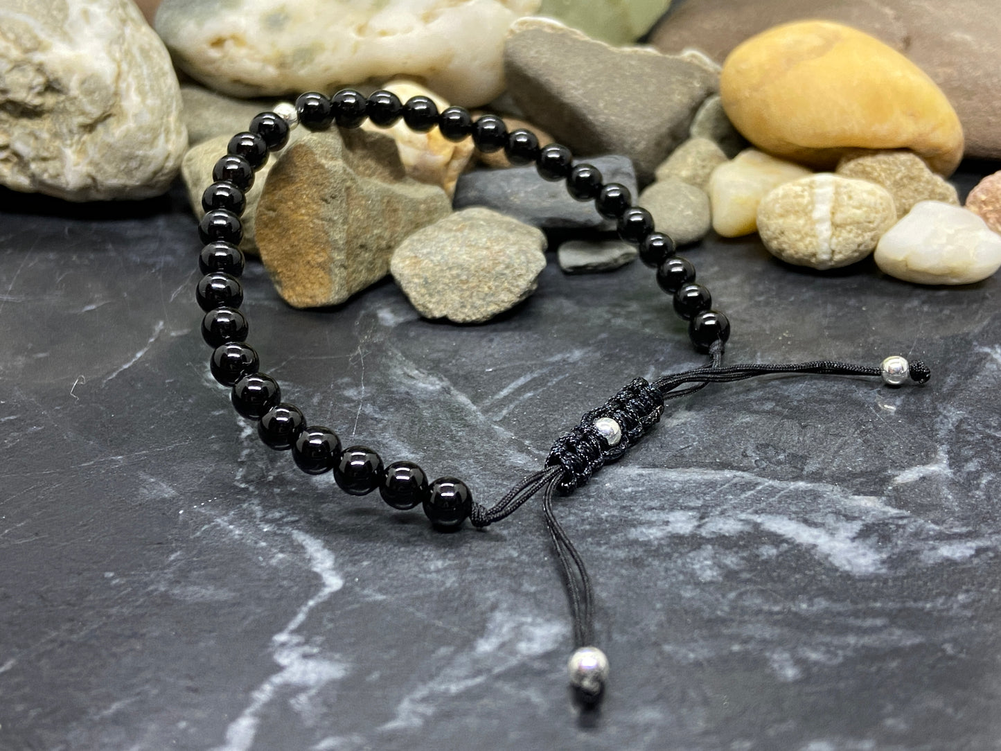 Onyx Edelstein Armband mit echten Silber Perlen