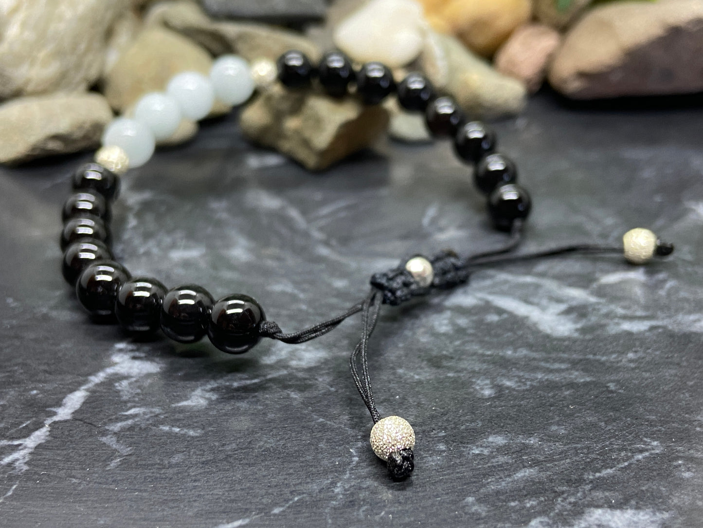 Aquamarin und Onyx Edelsein Armband mit echten Silber Perlen