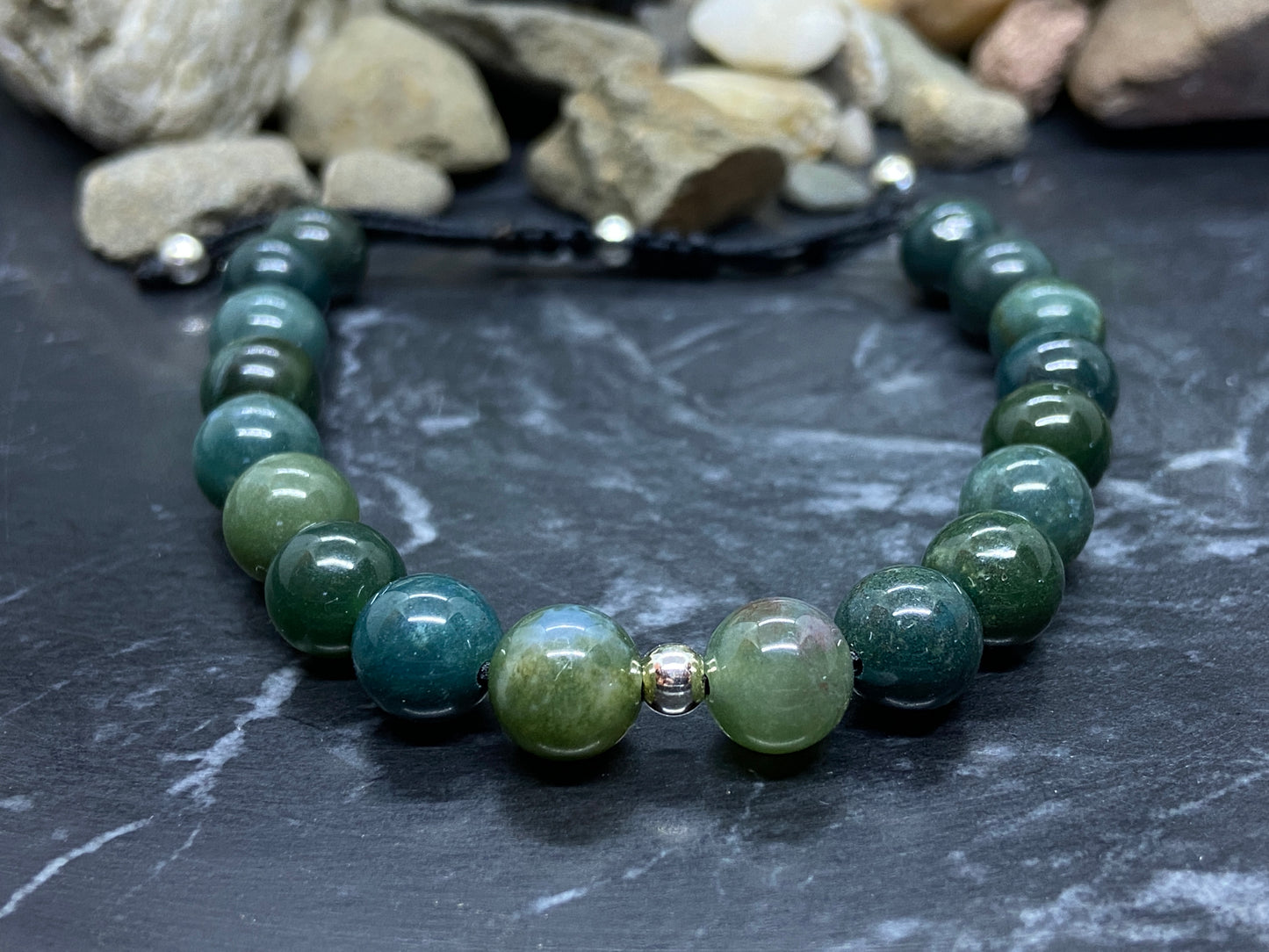 Moosachat Edelstein Armband mit echten Silber Perlen