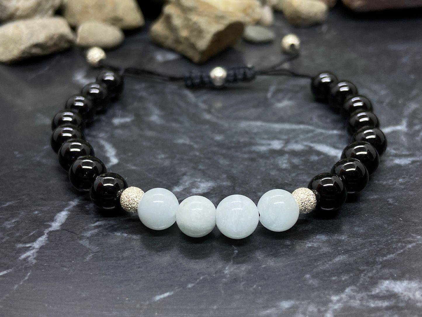 Aquamarin und Onyx Edelsein Armband mit echten Silber Perlen