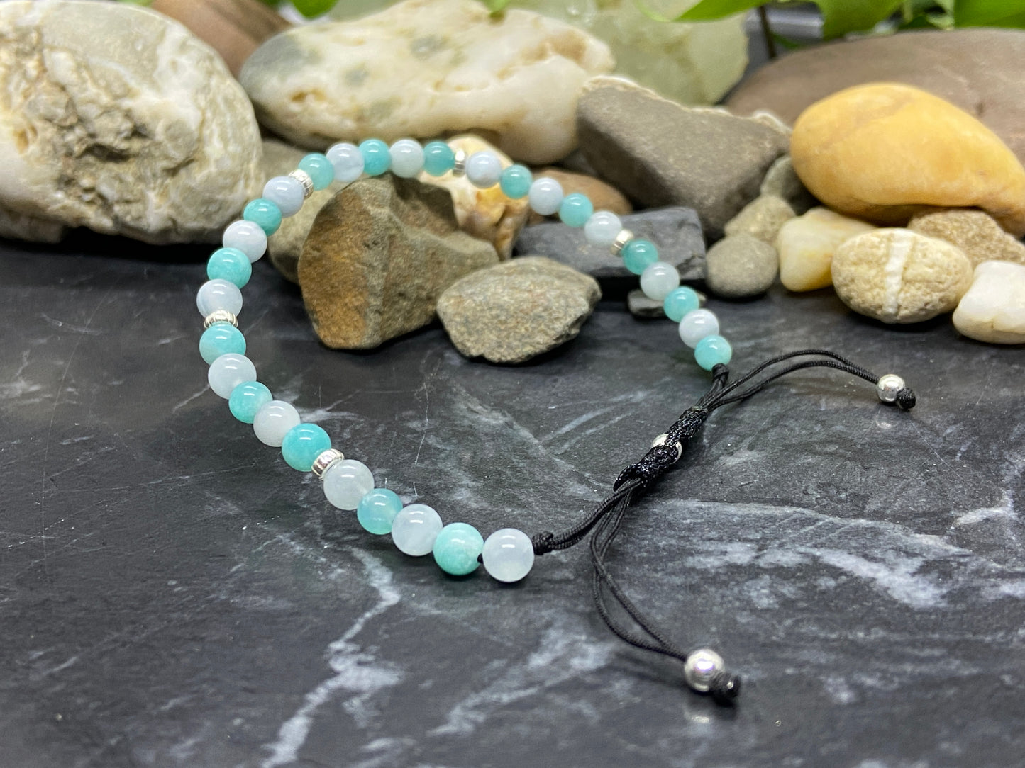 Aquamarin und Amazonit Edelstein Armband mit echten Silber Perlen