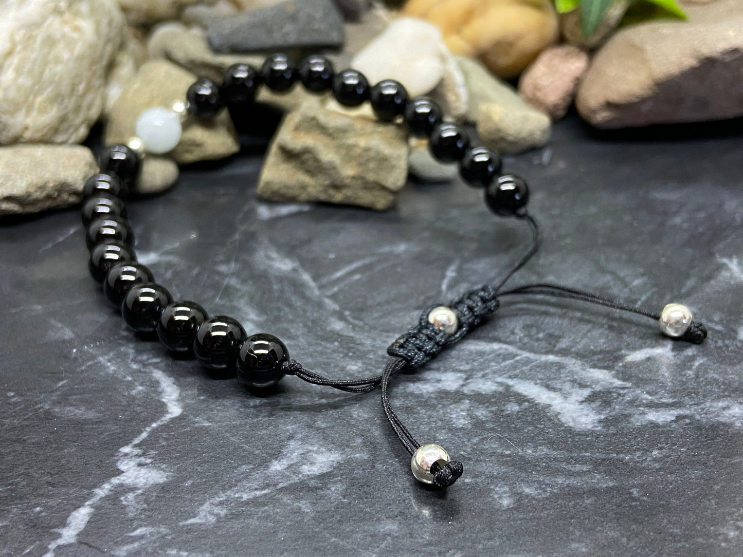 Onyx Und Aquamarin Edelstein Armband mit echten Silber Perlen