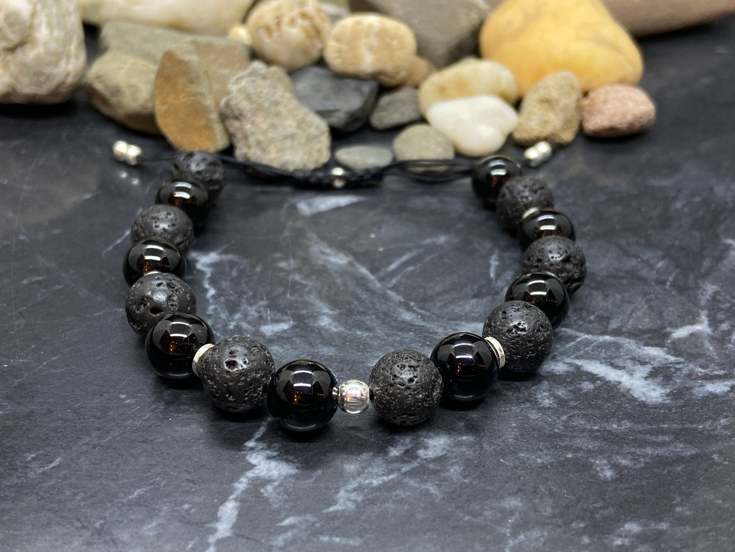 Lava und Onyx Edelstein Armband mit echten Silber Perlen