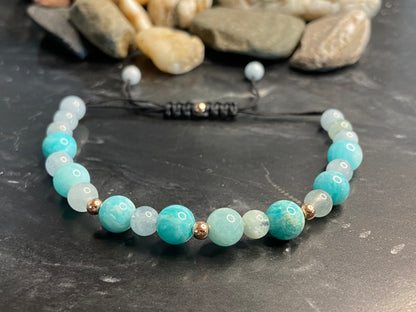 Amazonit und Aquamarin Edelstein Armband mit echten Gold Perlen